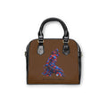 Brown handbag with a colorful wolf design and text on a white background