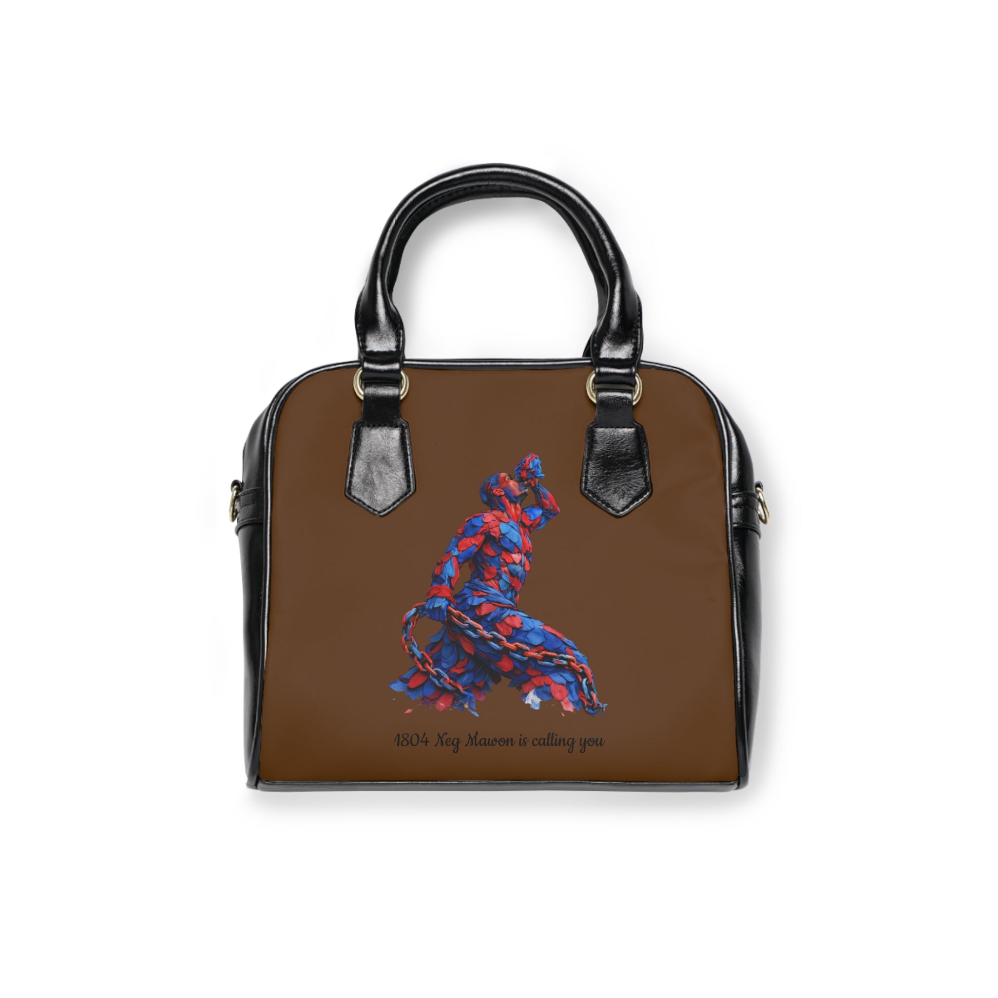 Brown handbag with a colorful wolf design and text on a white background