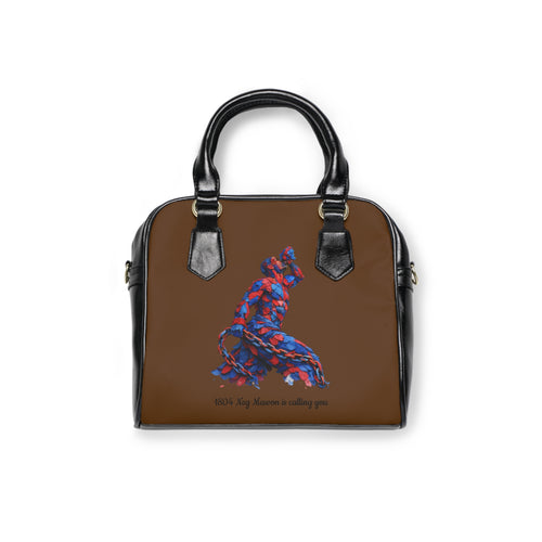 Brown handbag with a colorful wolf design and text on a white background