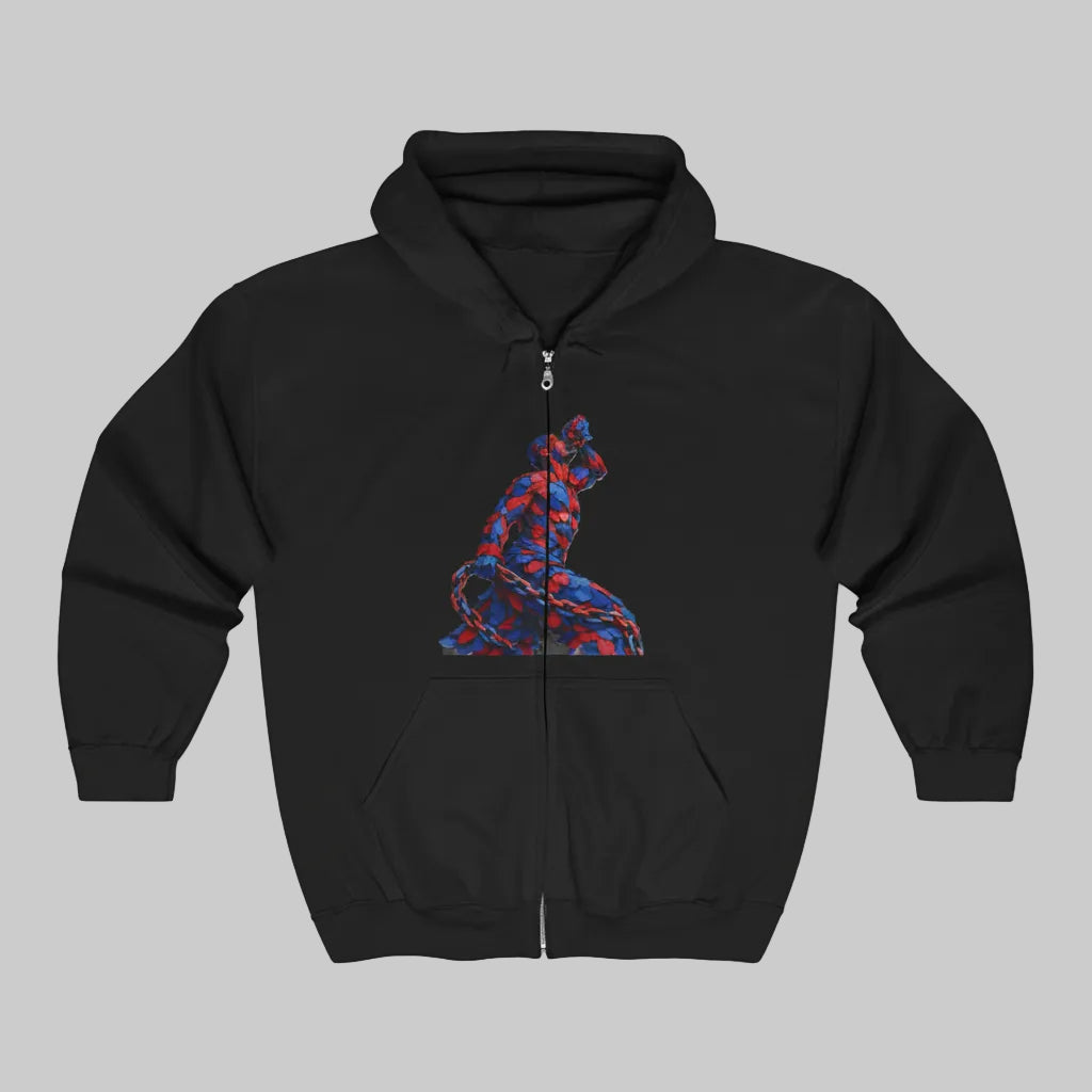 Black hoodie with a colorful fox design on the chest against a white background