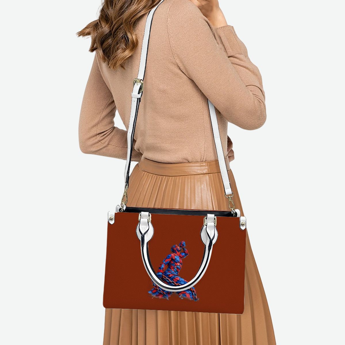 Woman carrying a brown handbag with a dog design on a white background