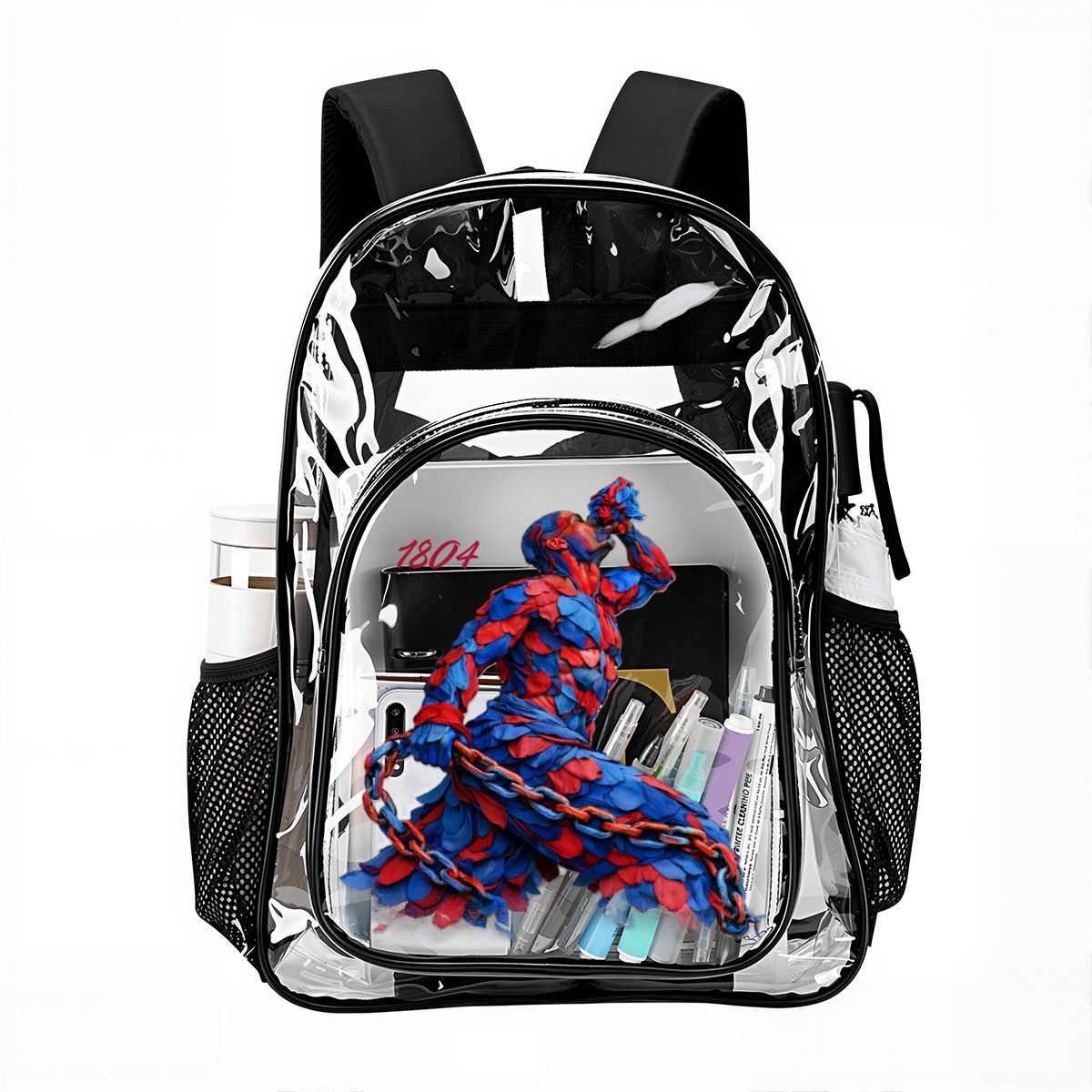 Clear backpack with a blue and red plush toy inside on a white background