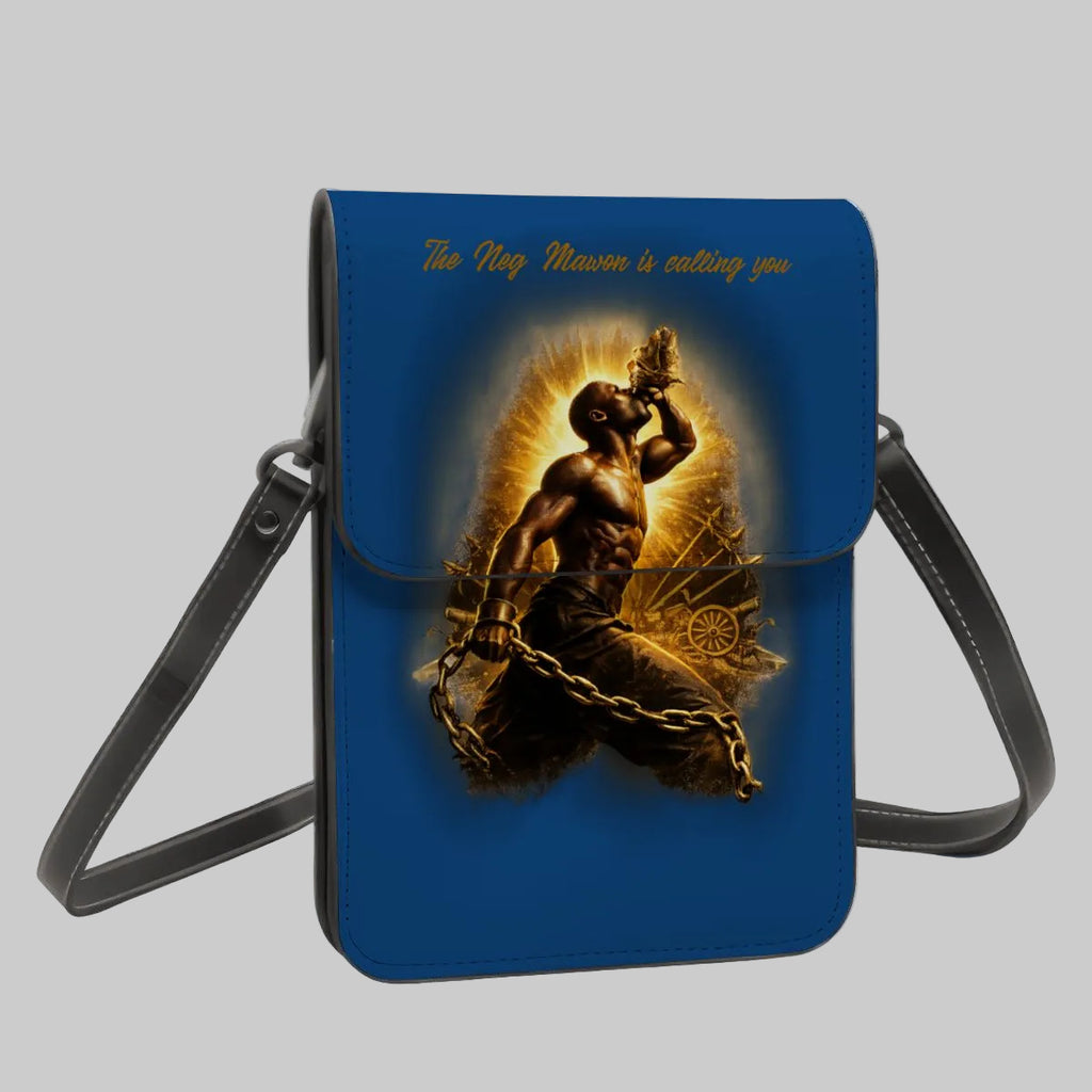 Blue crossbody bag with a graphic design of a person breaking chains on a white background