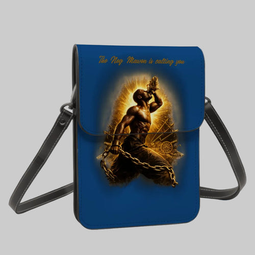 Blue crossbody bag with a graphic design of a person breaking chains on a white background