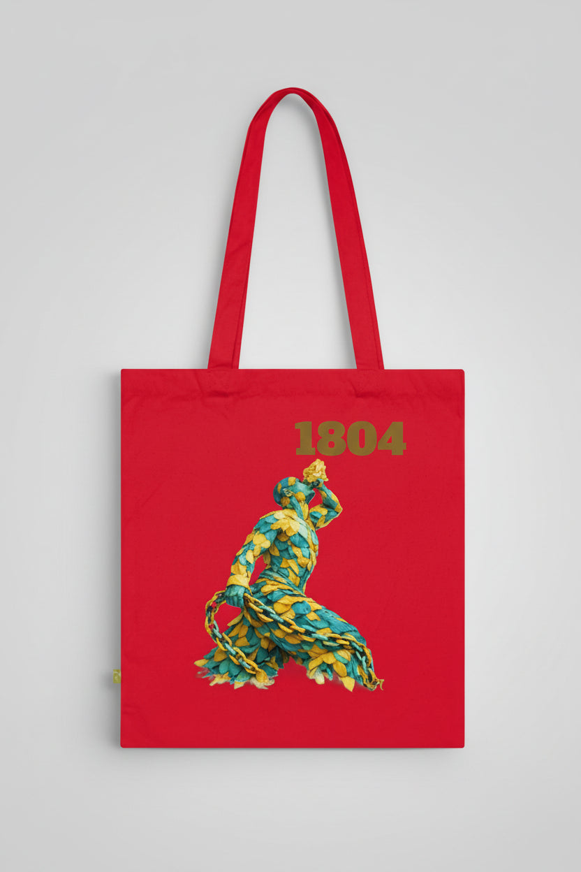 Red tote bag with a colorful lion design and '1804' text on a white background