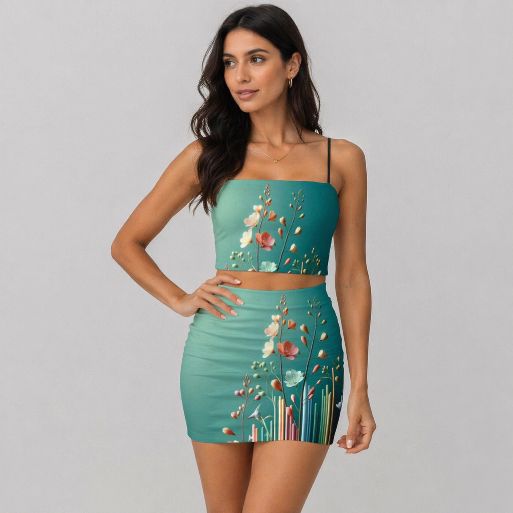 Woman wearing a teal dress with floral patterns on a gray background