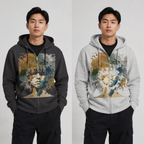 Two people wearing hoodies with artistic designs on a plain background
