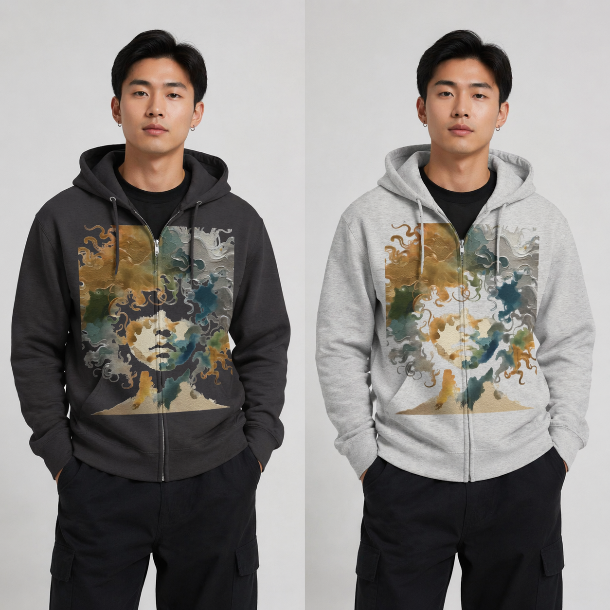 Two people wearing hoodies with artistic designs on a plain background