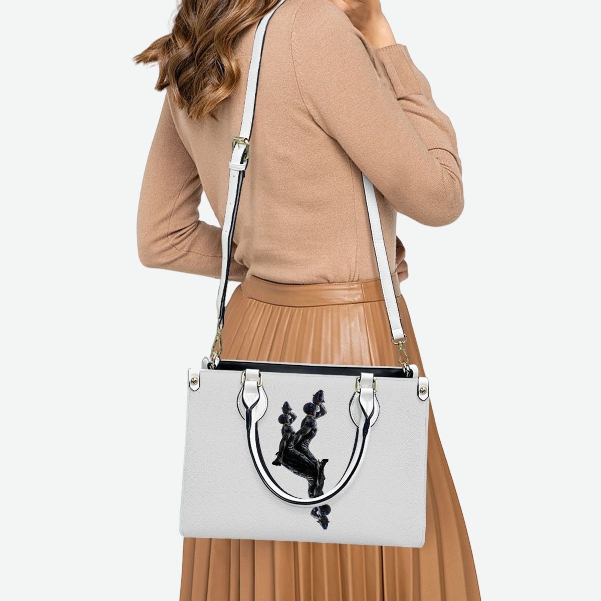 PU Tote Bag for Women with Artistic Neg Marron
