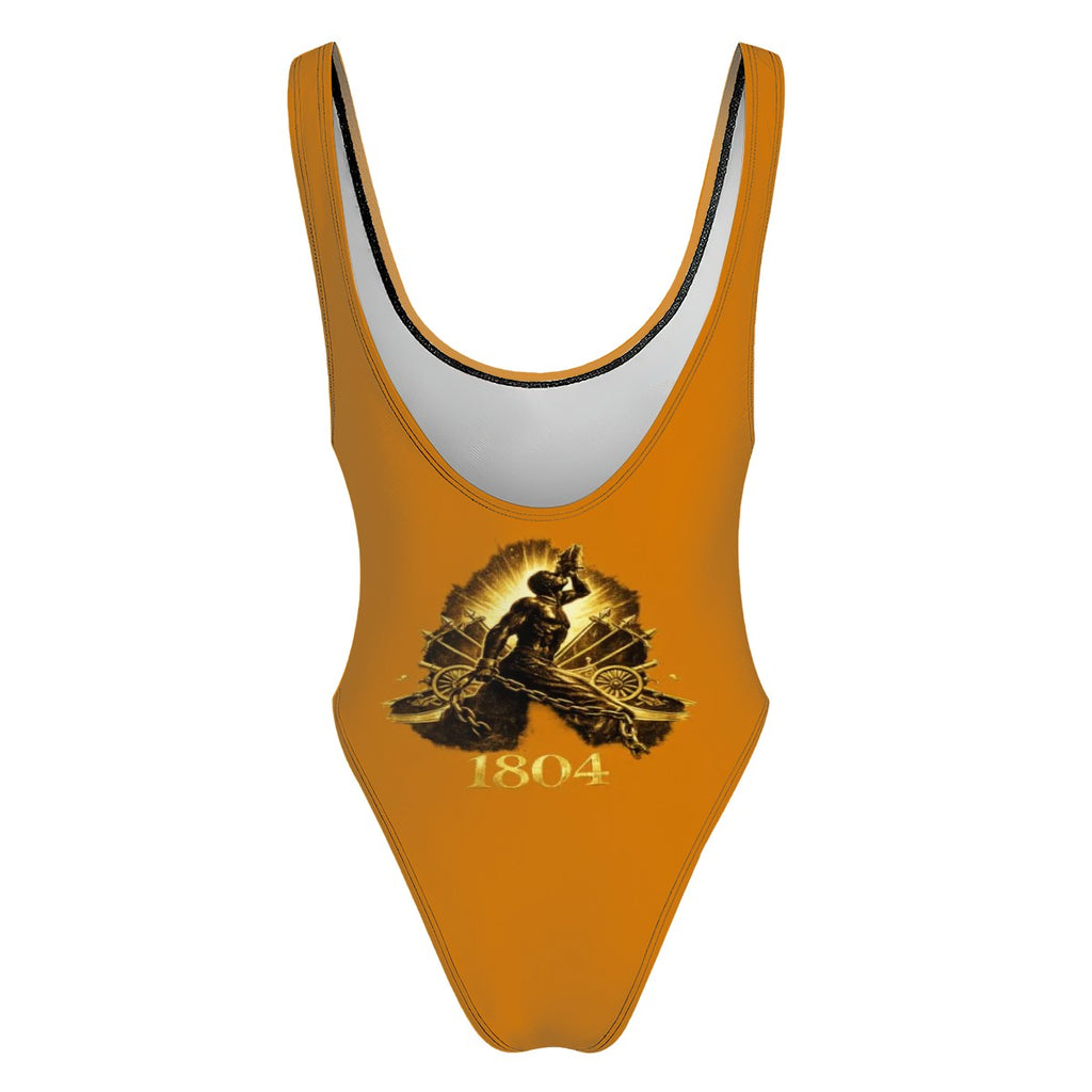 Orange swimsuit with black graphic and '1804' text on a white background