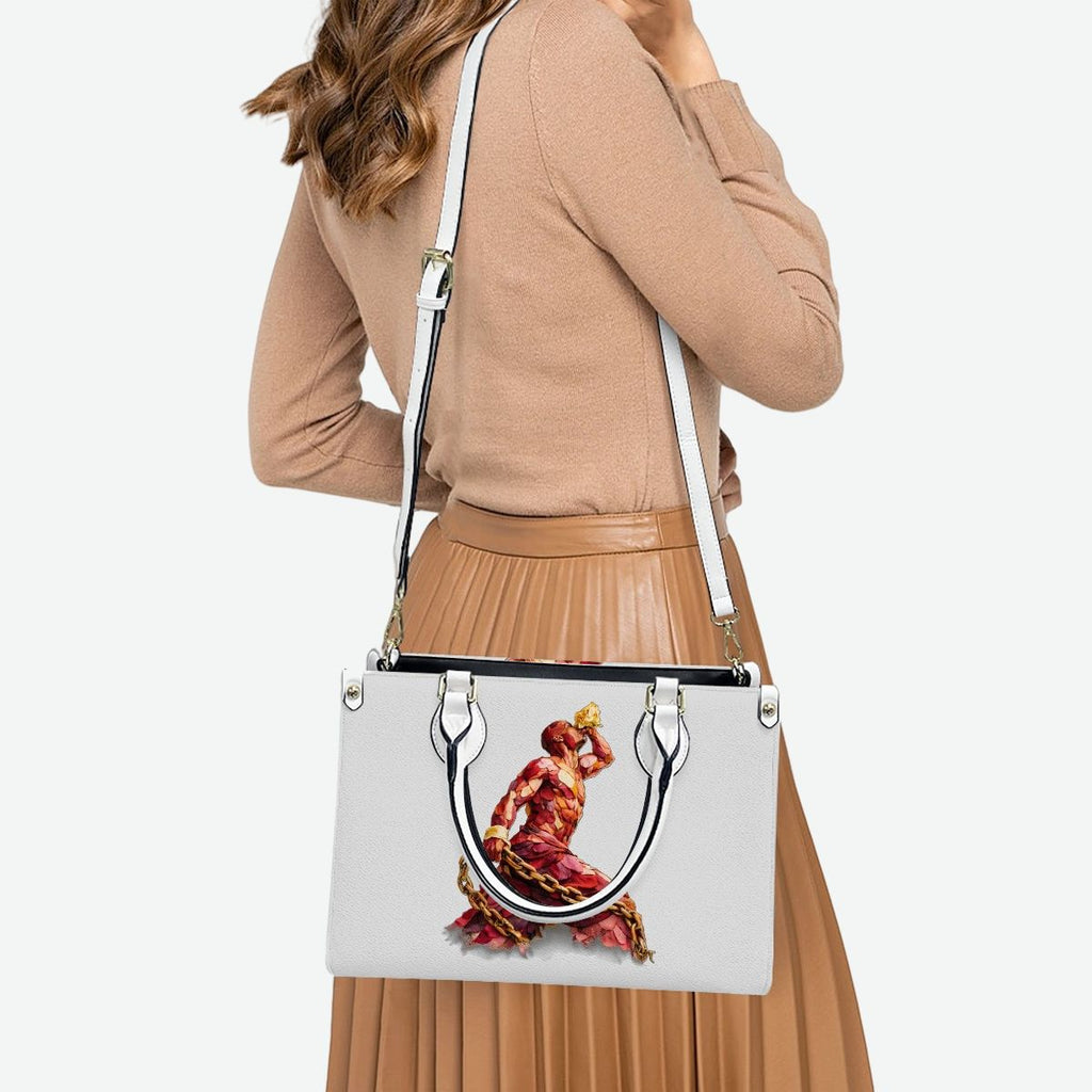 Sac cabas en PU pour femmes InervoX Vision jeune garçon Eldar Beleu et rouge Silhouette musclée sculptée dans des pétales rouges pixel clair Silhouette musclée sculptée dans des pétales X doré avec flammes entrelacées (1)