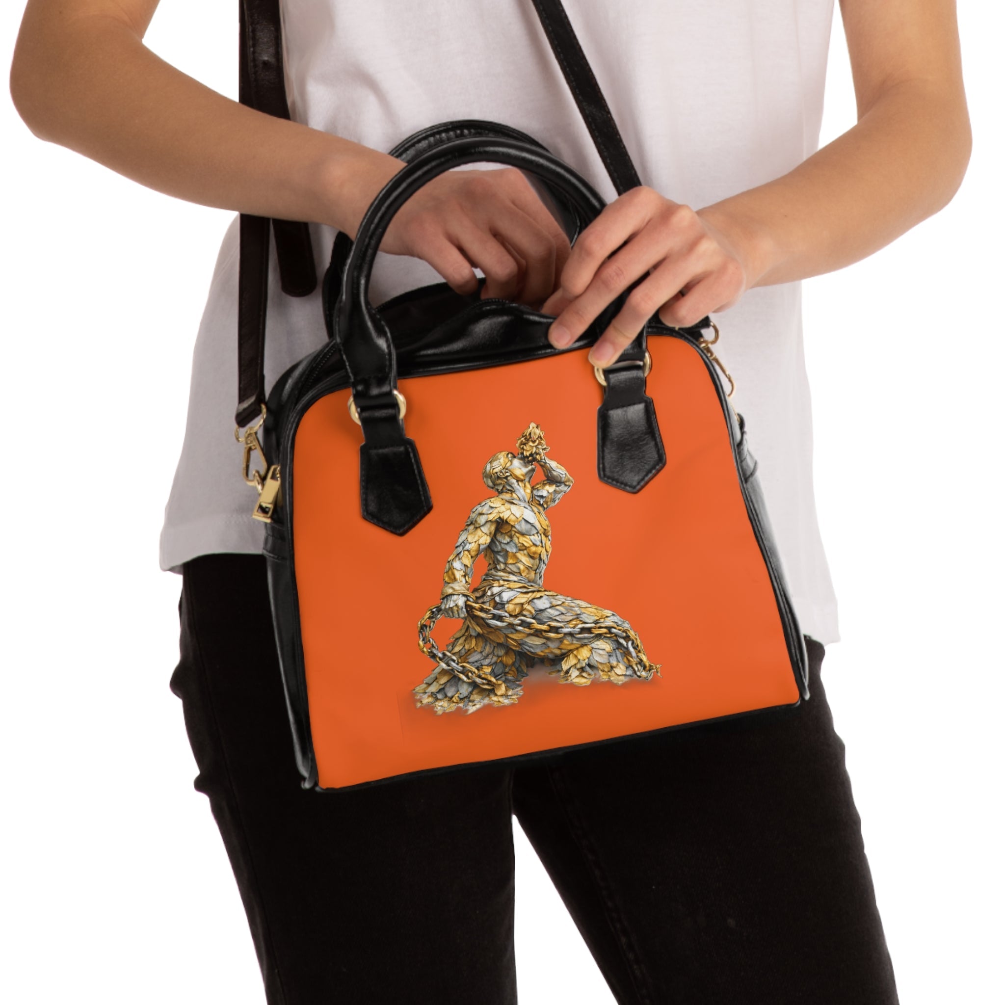 Artistic Shoulder Handbag Orange - Gold and silver Neg Marron design - InervoX