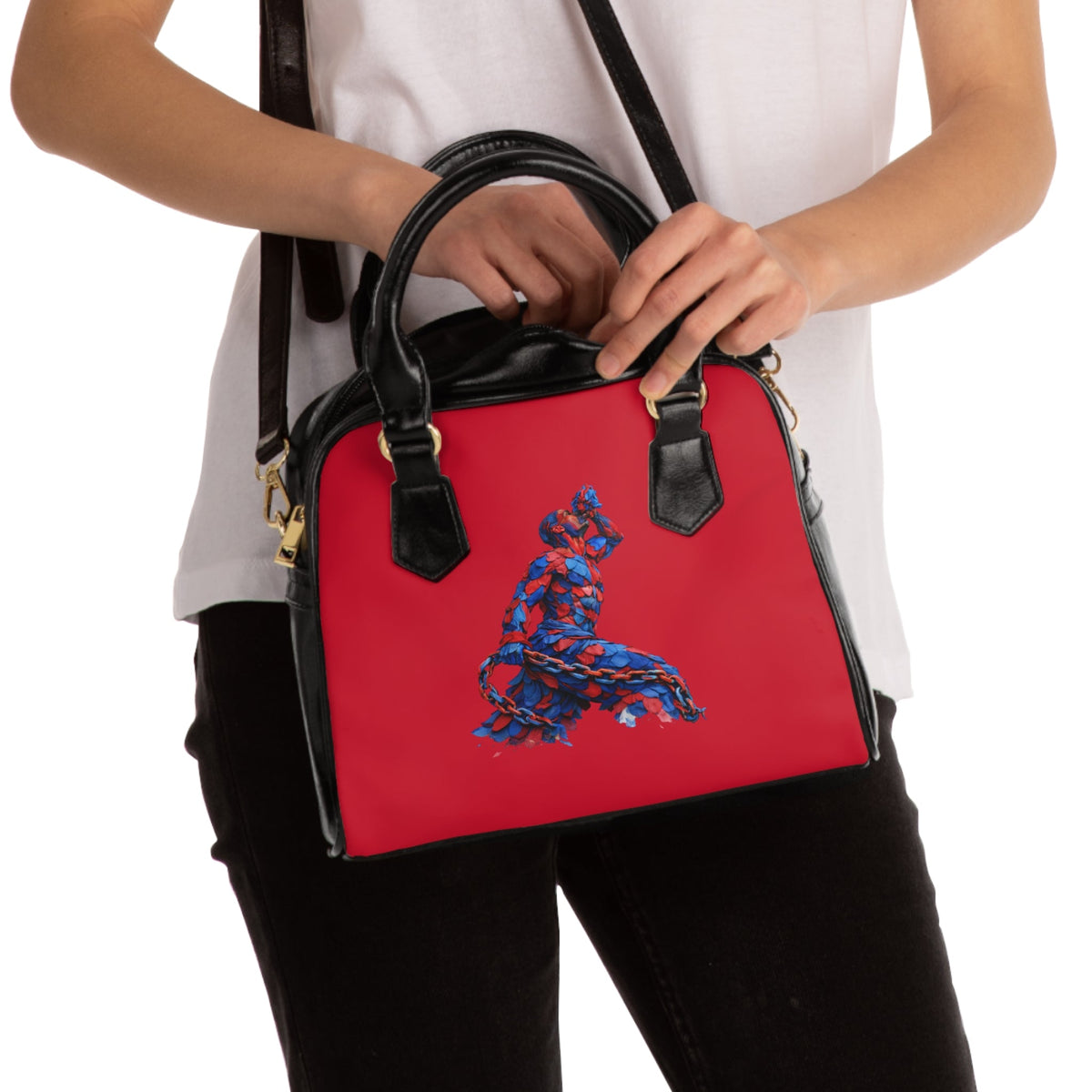 Artistic Shoulder Handbag - Red&Blue Neg Marron Feather Design & Emblem - InervoX