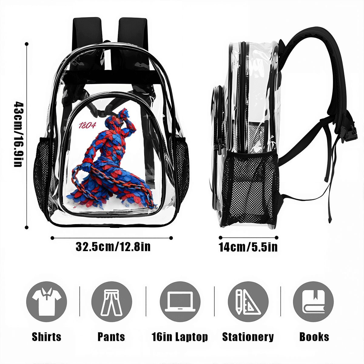 Clear backpack with superhero design, dimensions, and item size indicators on a white background
