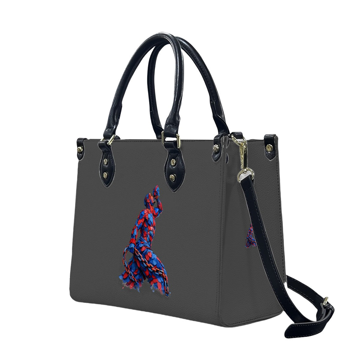 Gray handbag with black handles and strap, featuring a colorful design on a white background