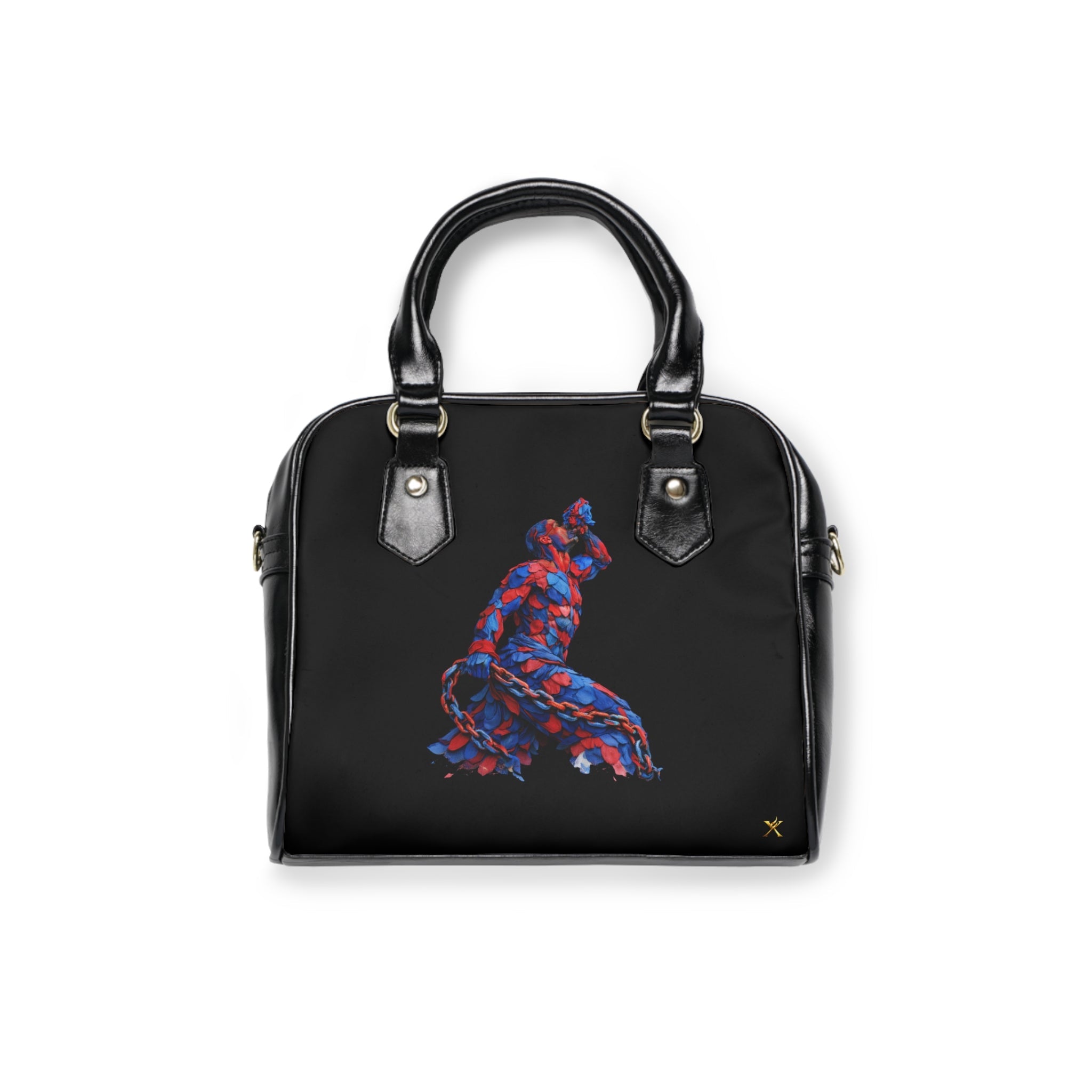 Black Artistic Shoulder Handbag - Red & Blue Neg Marron Feather Design - InervoX