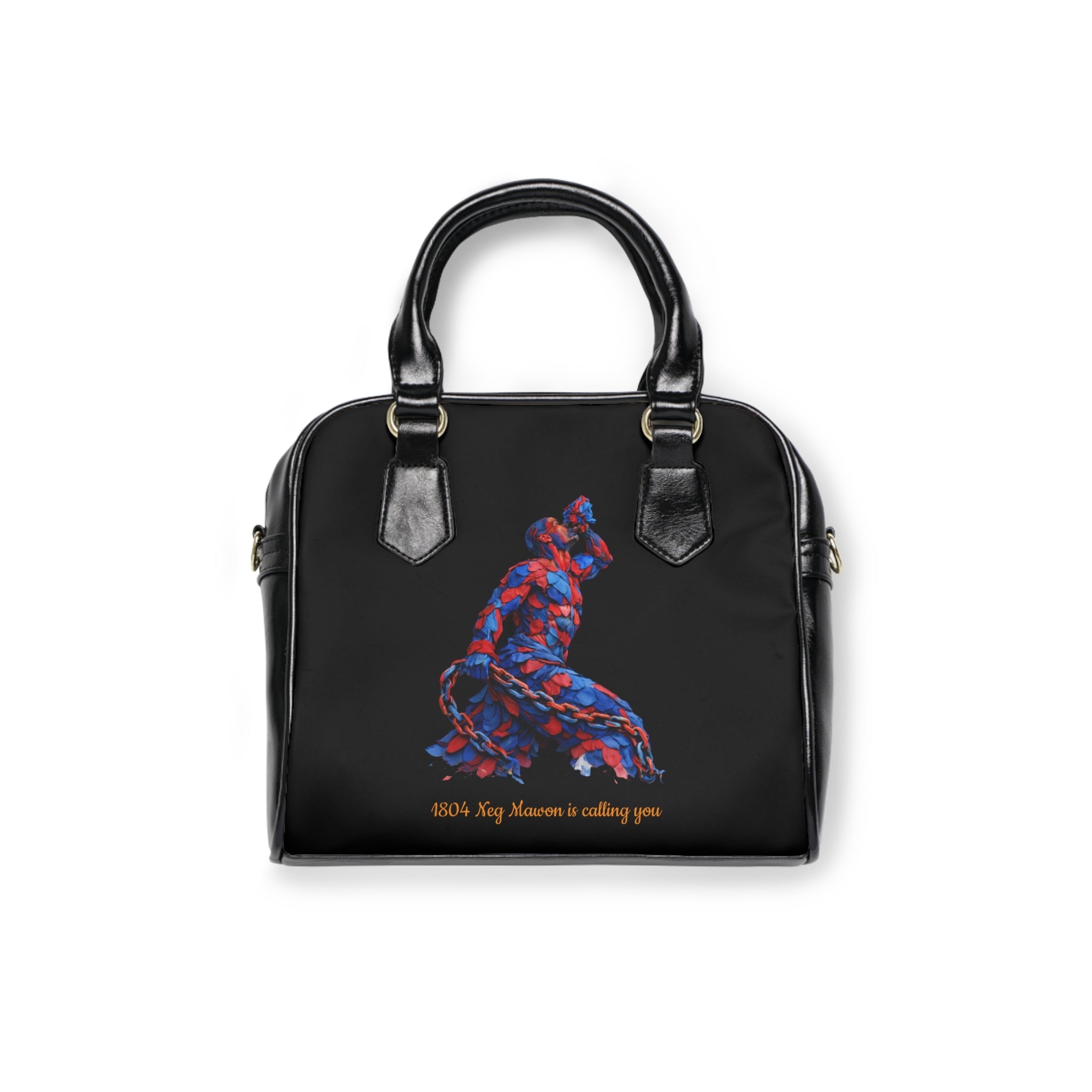 Black Artistic Shoulder Handbag - Red & Blue Neg Marron Feather Design - InervoX