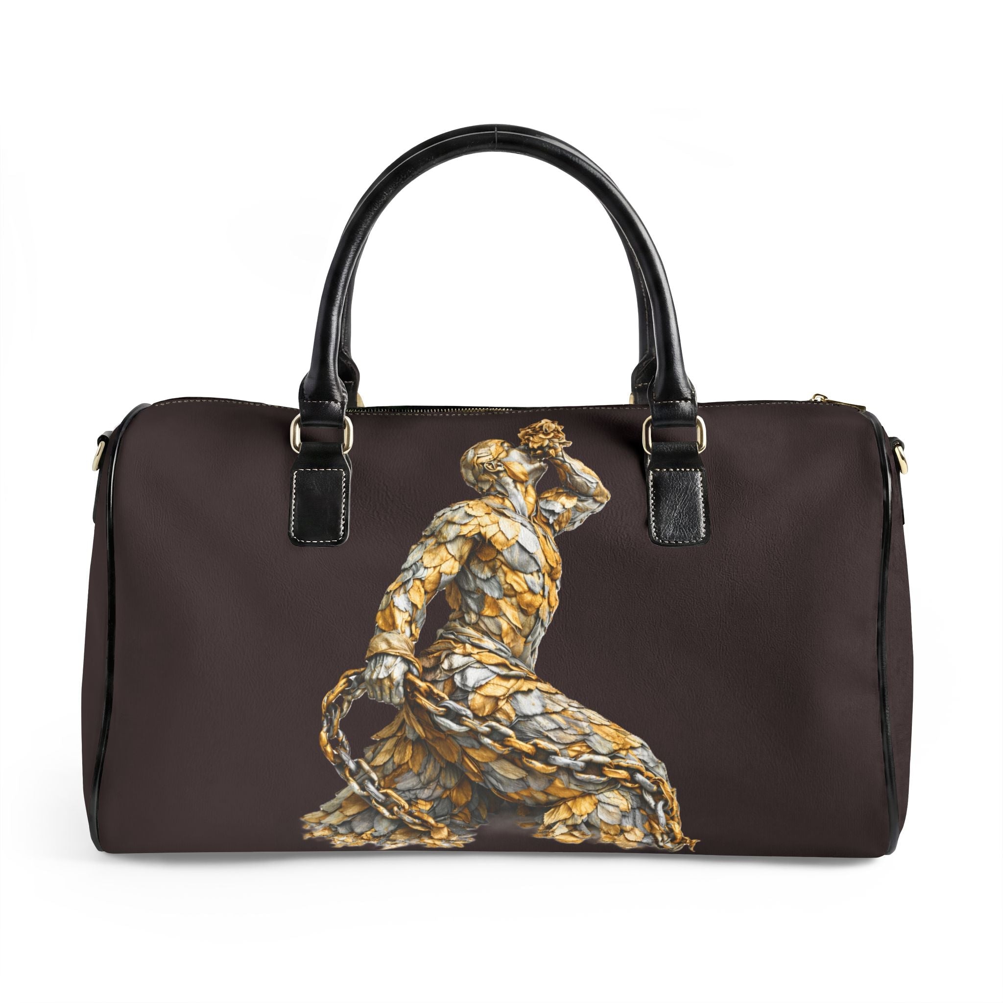 Black Leather Travel Bag - Neg Marron with Gold and silver Accents - InervoX