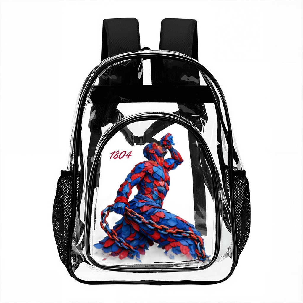 Clear backpack with a colorful figure design on a white background