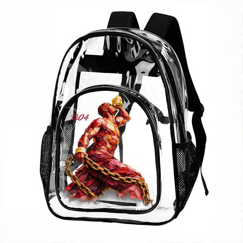 Clear backpack with a muscular figure and chains design on a white background
