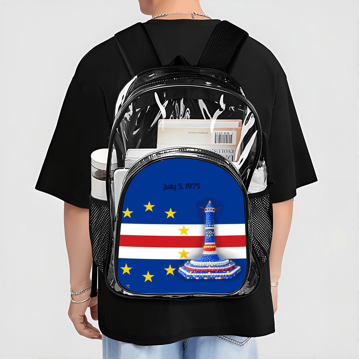 Clear Backpack with Mesh Pocket Cap verde Flag monument - InervoX