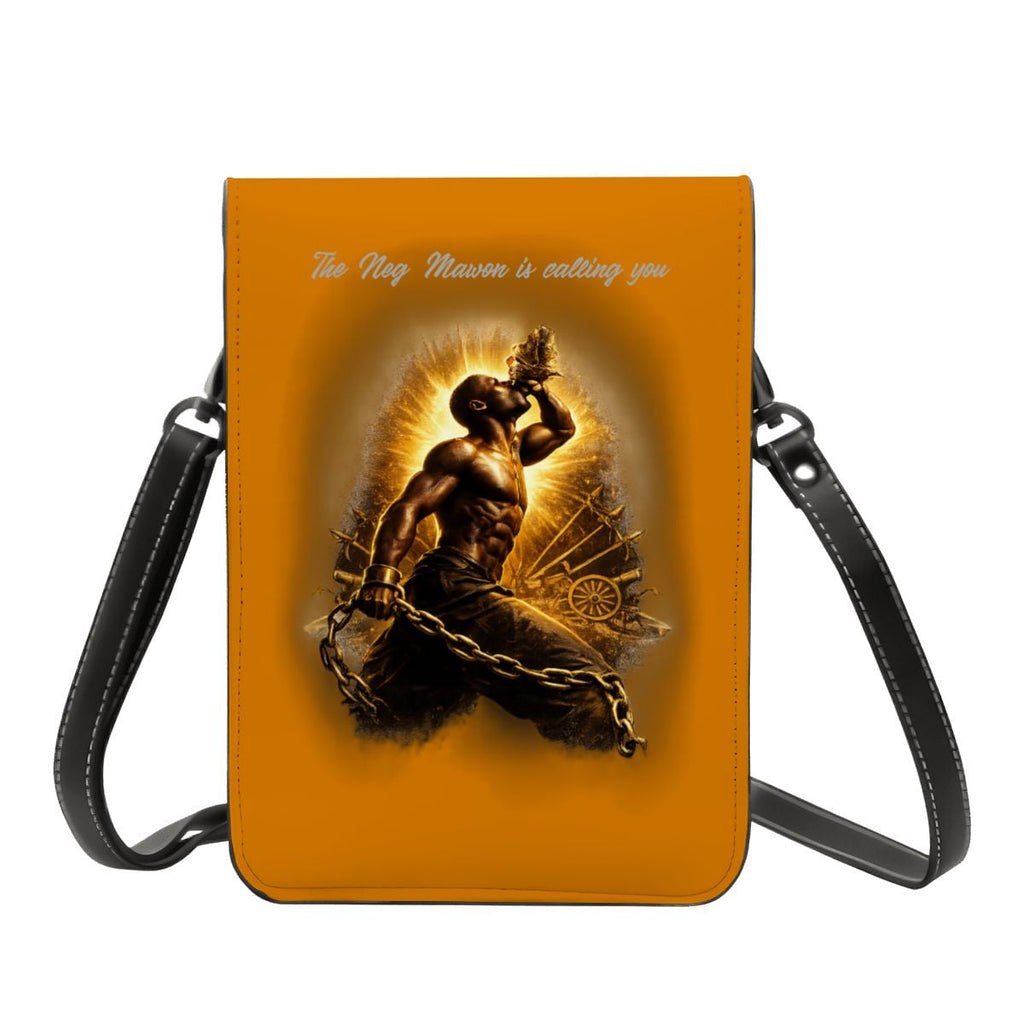 Yellow crossbody bag with a graphic design of a person and text on a white background