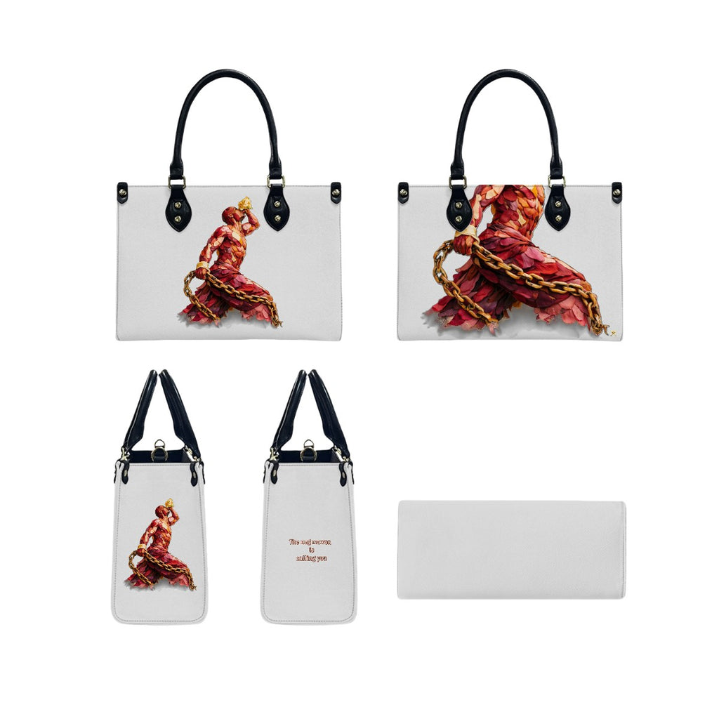 Sac cabas en PU pour femmes InervoX Vision jeune garçon Eldar Beleu et rouge Silhouette musclée sculptée dans des pétales rouges pixel clair Silhouette musclée sculptée dans des pétales X doré avec flammes entrelacées (1)