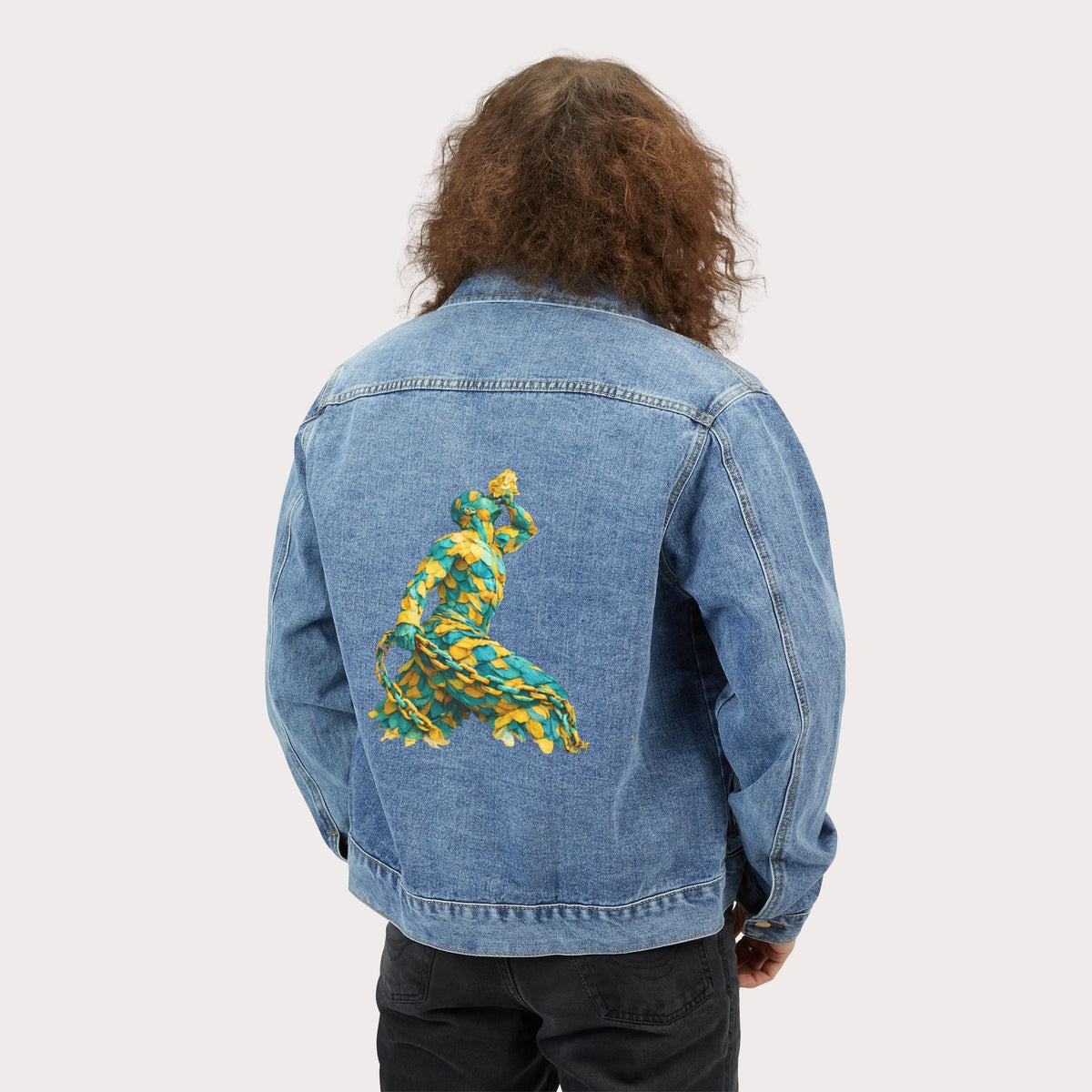 Denim Jacket - 3D Abstract Artwork Back Print Green & Yellow Neg Mawon - InervoX