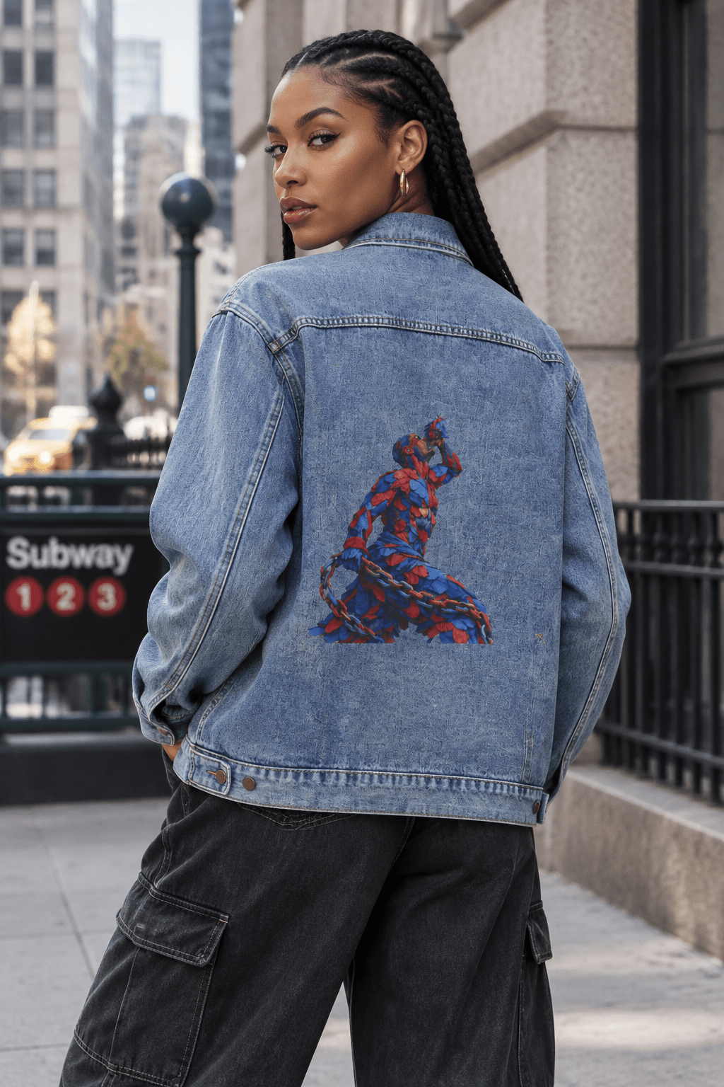 Denim Jacket - 3D Abstract Artwork Back Print Red & Blue Neg Mawon - InervoX