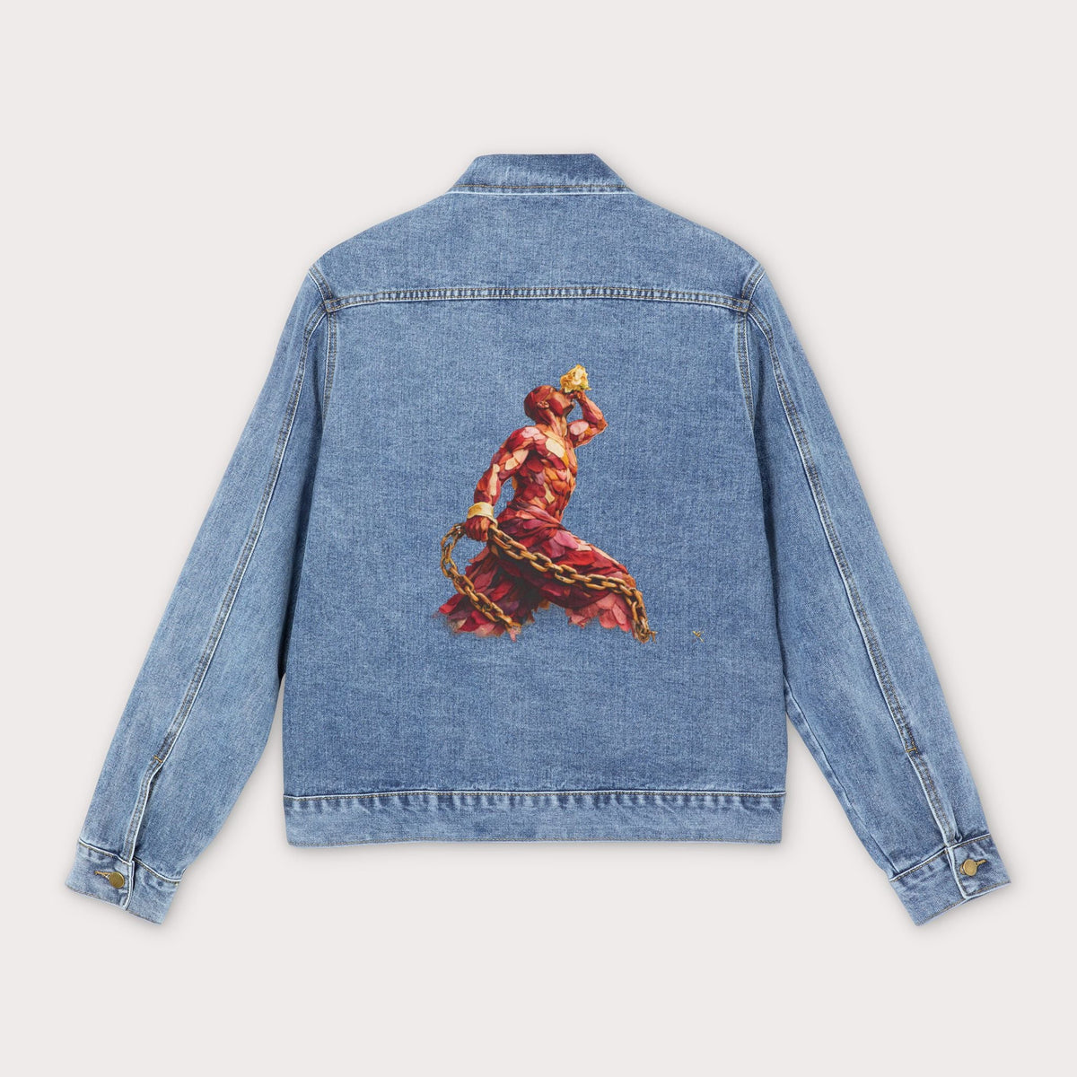 Denim Jacket-3D Abstract Artwork Back Print Red & Yellow Neg Mawon - InervoX