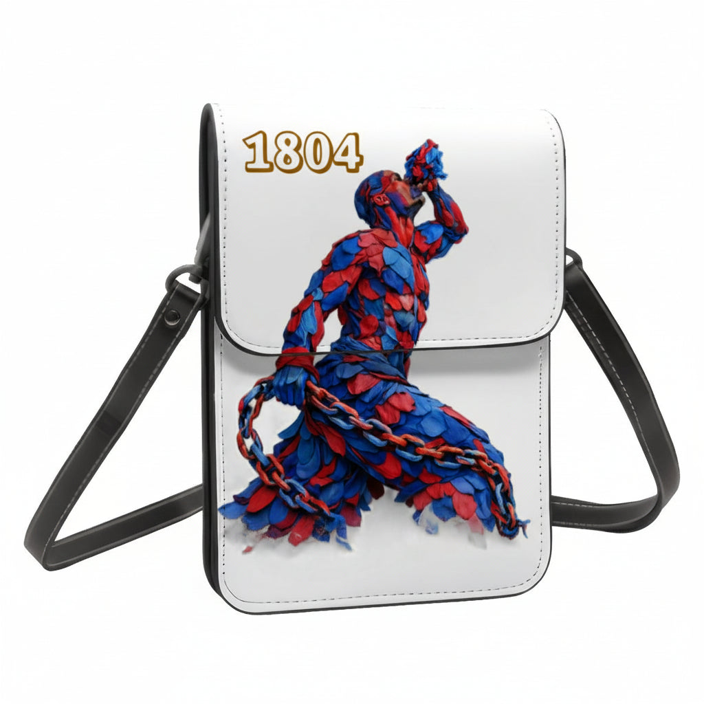 White handbag with a colorful artistic design of a figure and the number 1804 on a white background