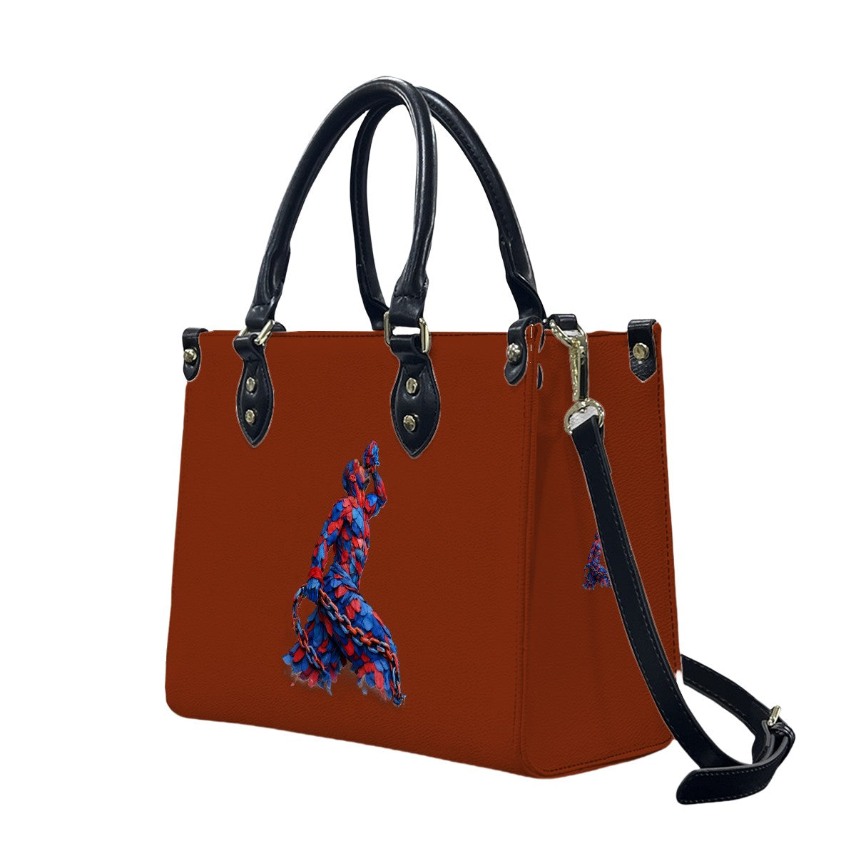 Brown handbag with black handles and strap, featuring a blue and red design on a white background.