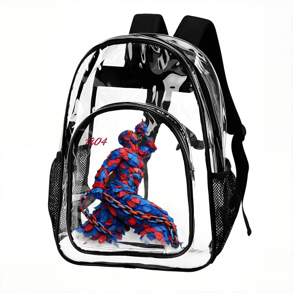 Clear backpack with a blue and red dog toy inside on a white background