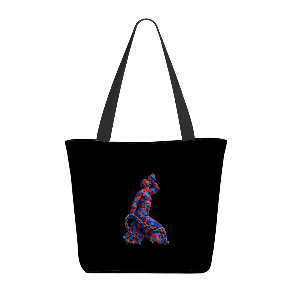 Black tote bag with a colorful fox design on a white background