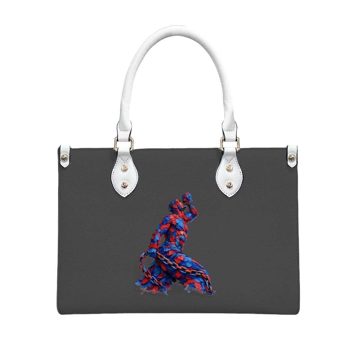 Black handbag with a colorful fox design on a white background