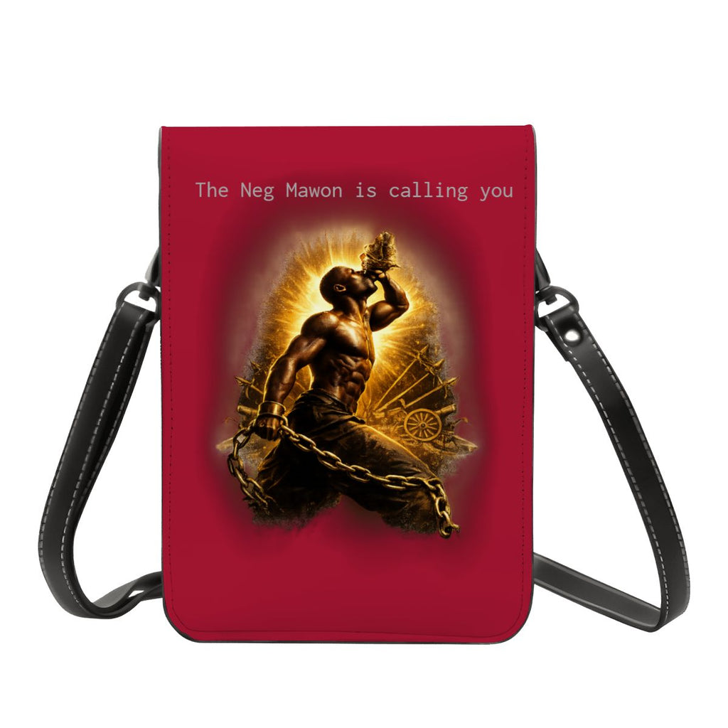 Red crossbody bag with a graphic of a muscular figure and text on a white background