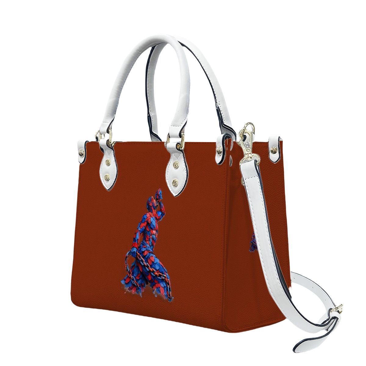 Brown handbag with a blue and red floral design on a white background