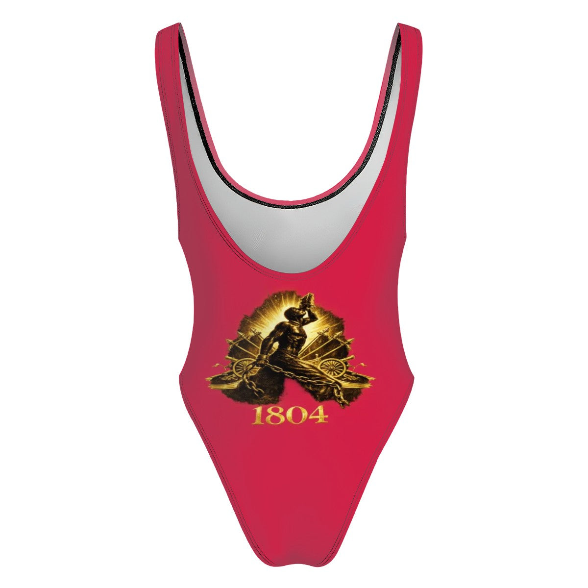 Red swimsuit with gold emblem and '1804' text on a white background