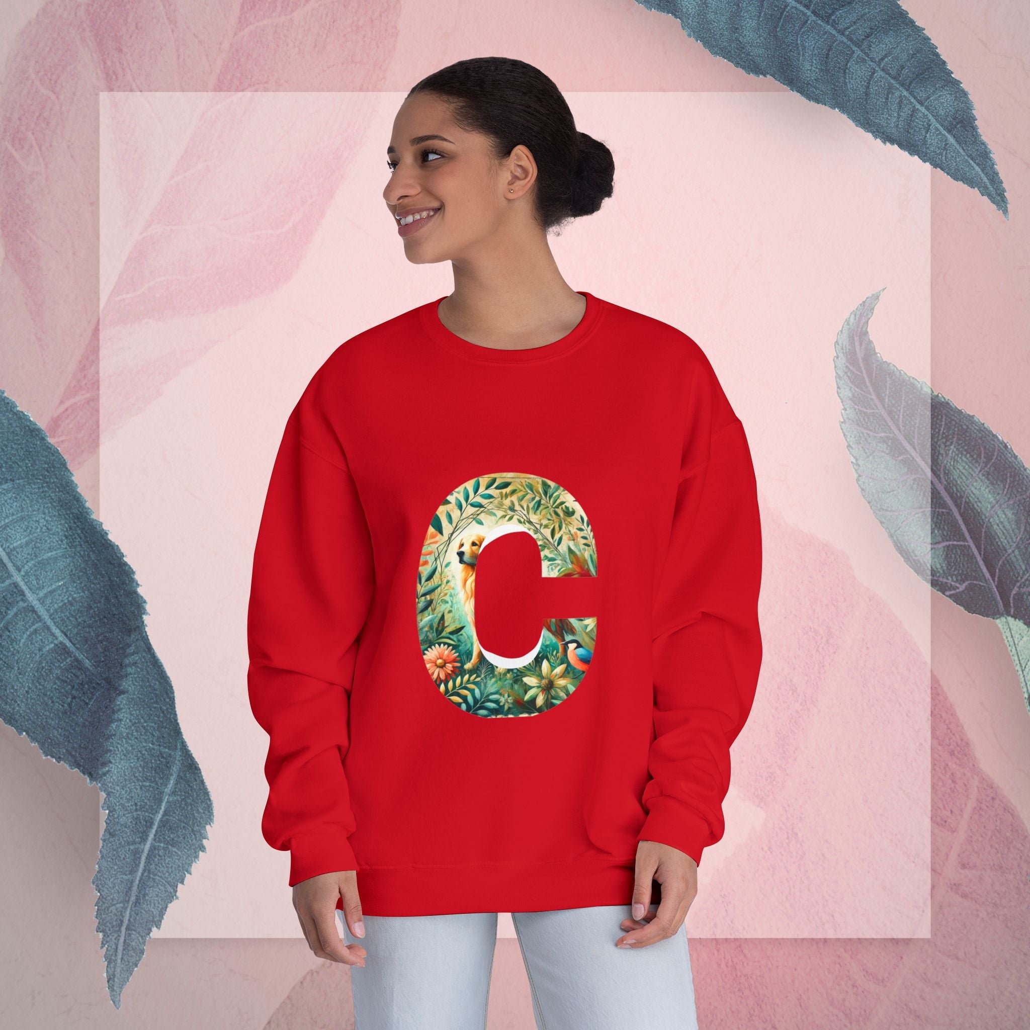 Floral Animal Print Crewneck Sweatshirt Letter C - Unisex ABC Design - InervoX