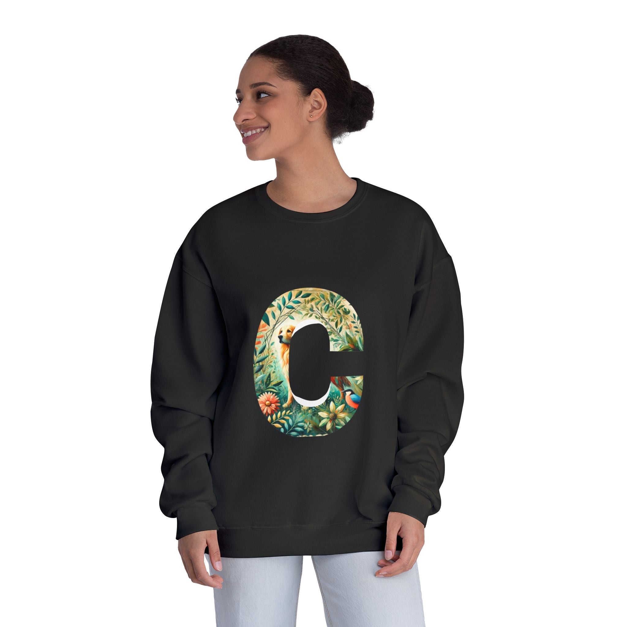Floral Animal Print Crewneck Sweatshirt Letter C - Unisex ABC Design - InervoX