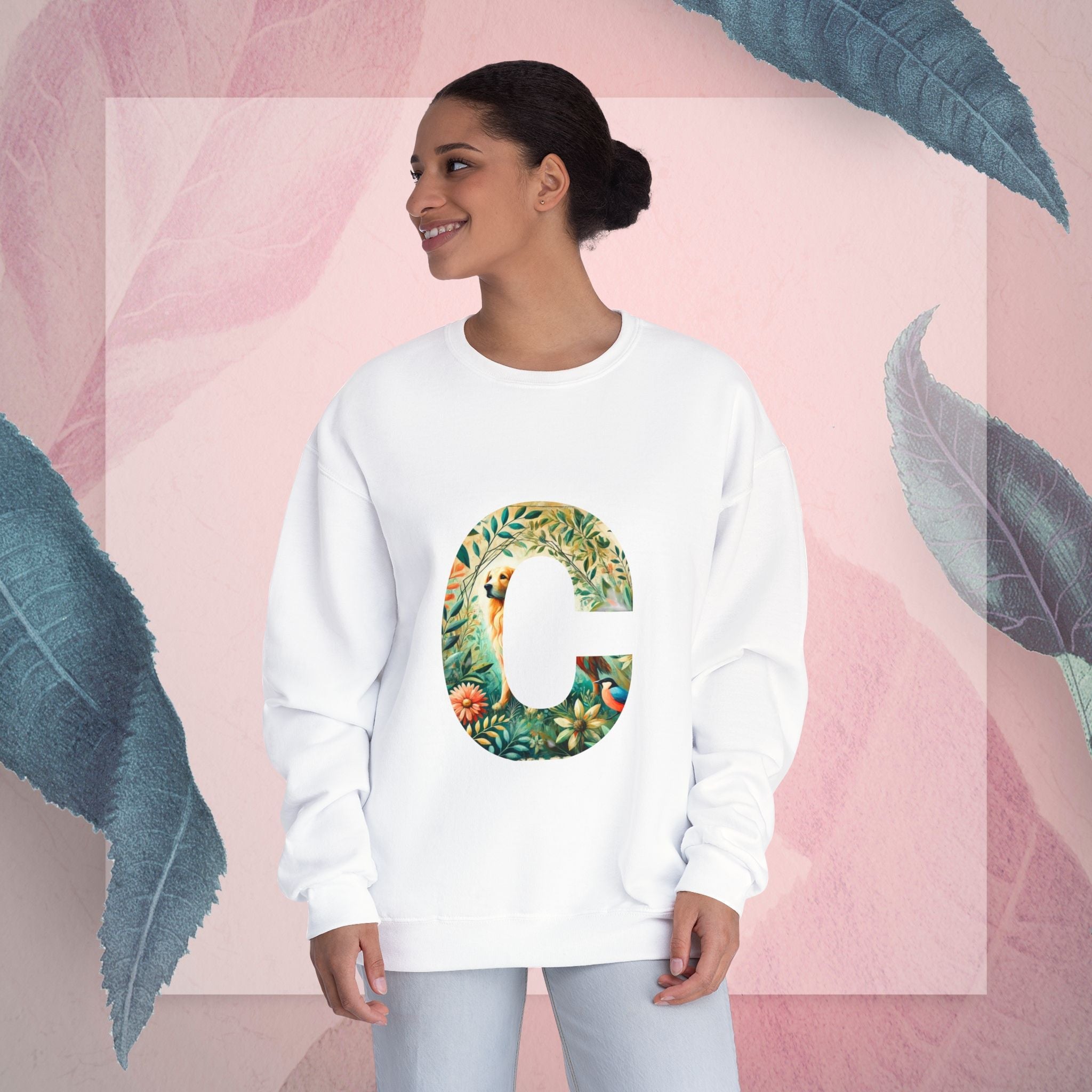 Floral Animal Print Crewneck Sweatshirt Letter C - Unisex ABC Design - InervoX