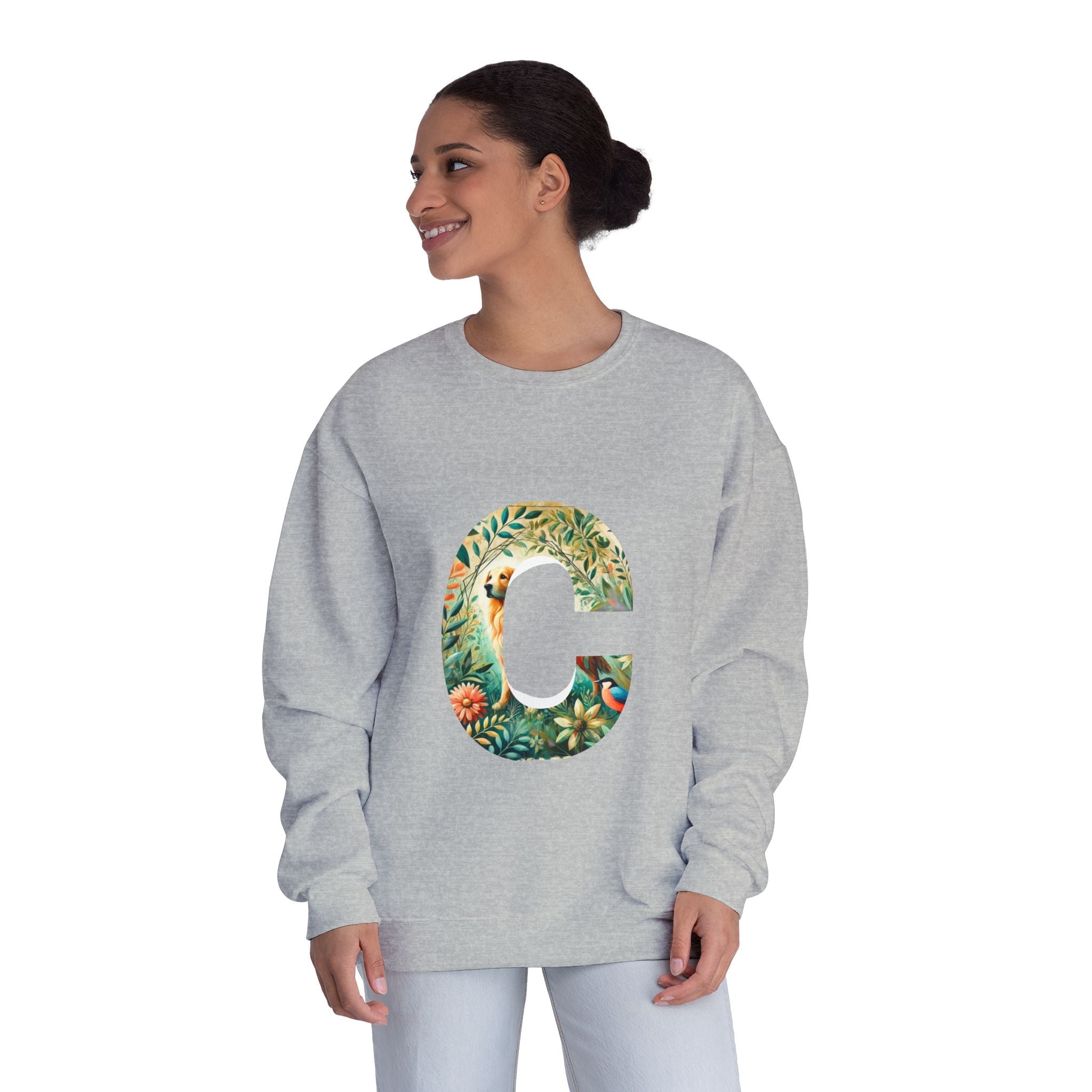 Floral Animal Print Crewneck Sweatshirt Letter C - Unisex ABC Design - InervoX
