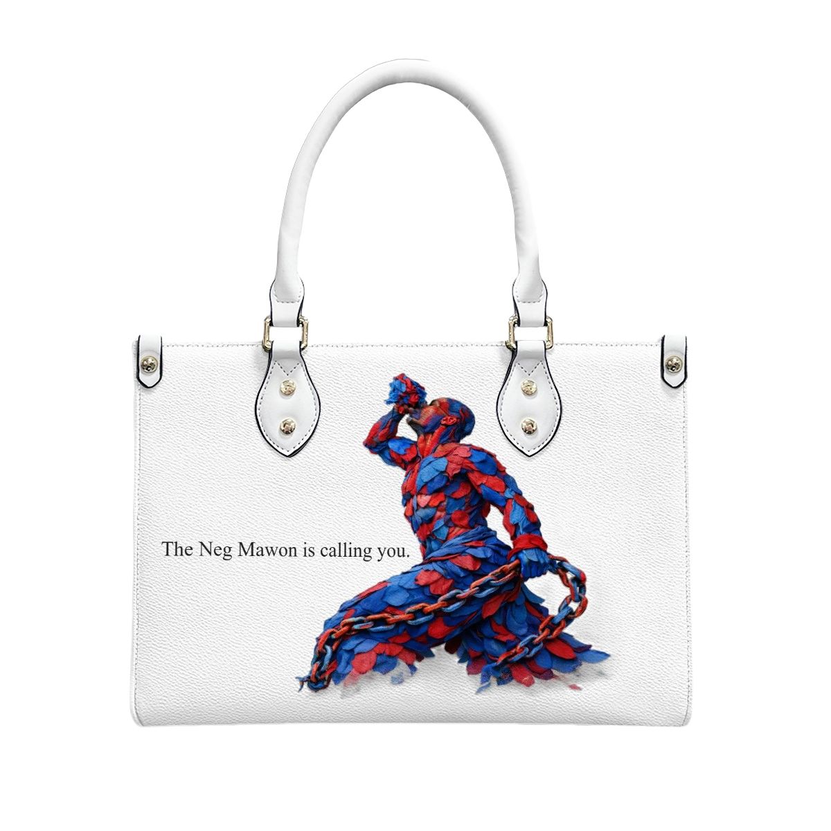 Neg Mawon Unchained White PU Tote Bag – Blue & Red Petals - InervoX