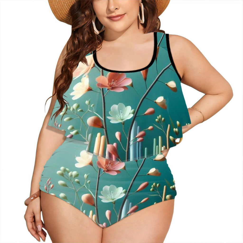 Plus Size Ruffle Two Piece Swimsuit Customized Services Flower design - InervoX