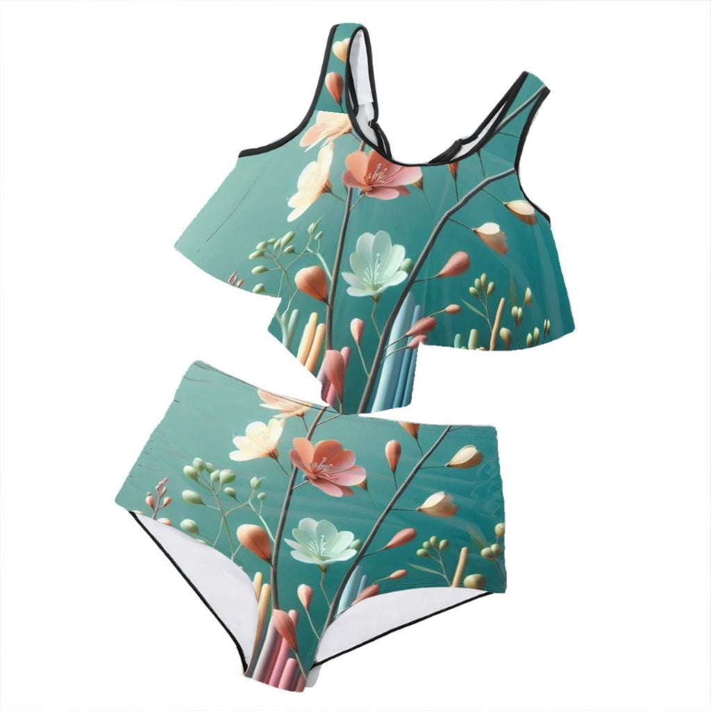 Plus Size Ruffle Two Piece Swimsuit Customized Services Flower design - InervoX