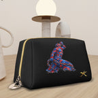 Small Leather Makeup Bag Beleu et rouge Muscular figure sculpted from petals Golden X with intertwined flames (1) - InervoX