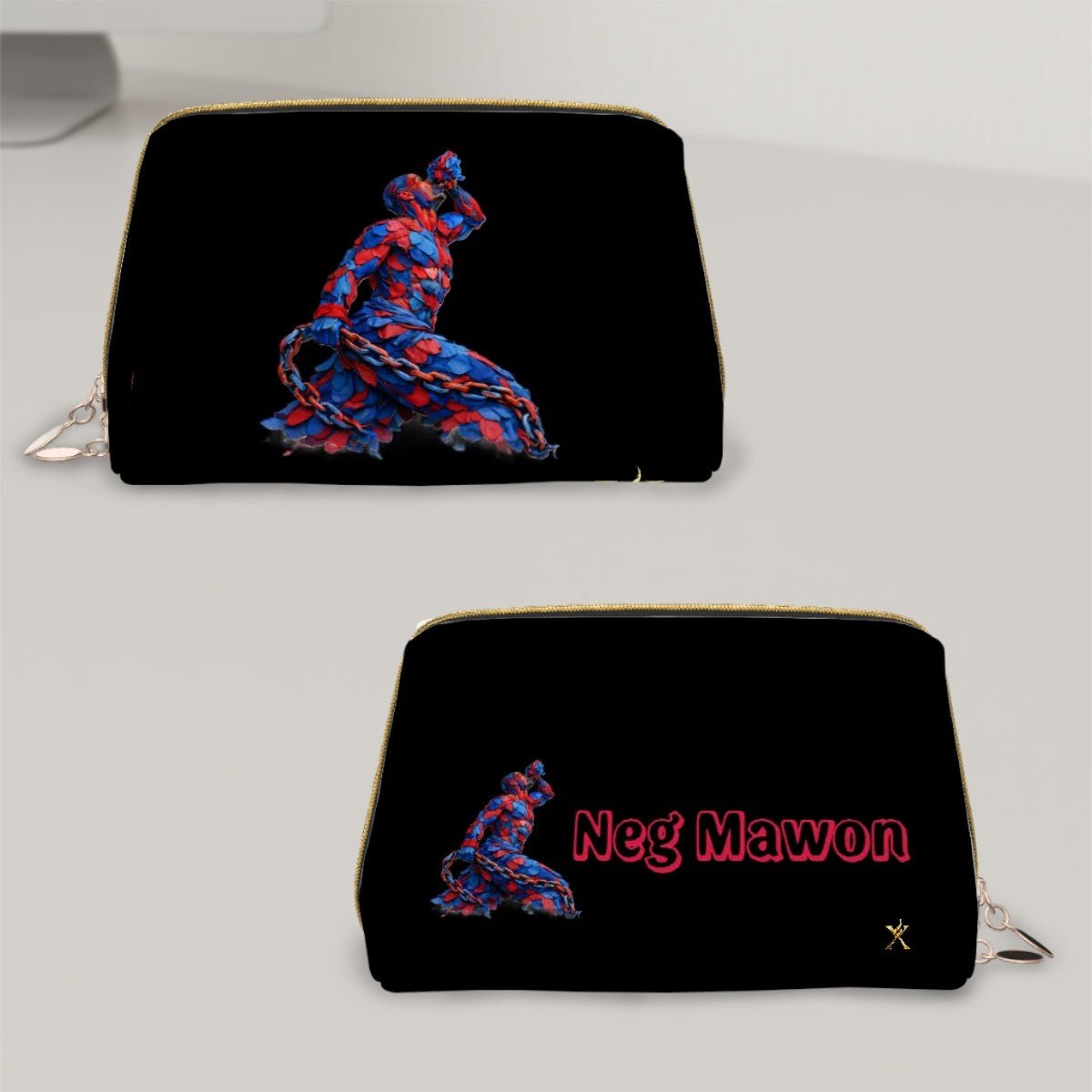 Small Leather Makeup Bag Beleu et rouge Muscular figure sculpted from petals Golden X with intertwined flames (1) - InervoX
