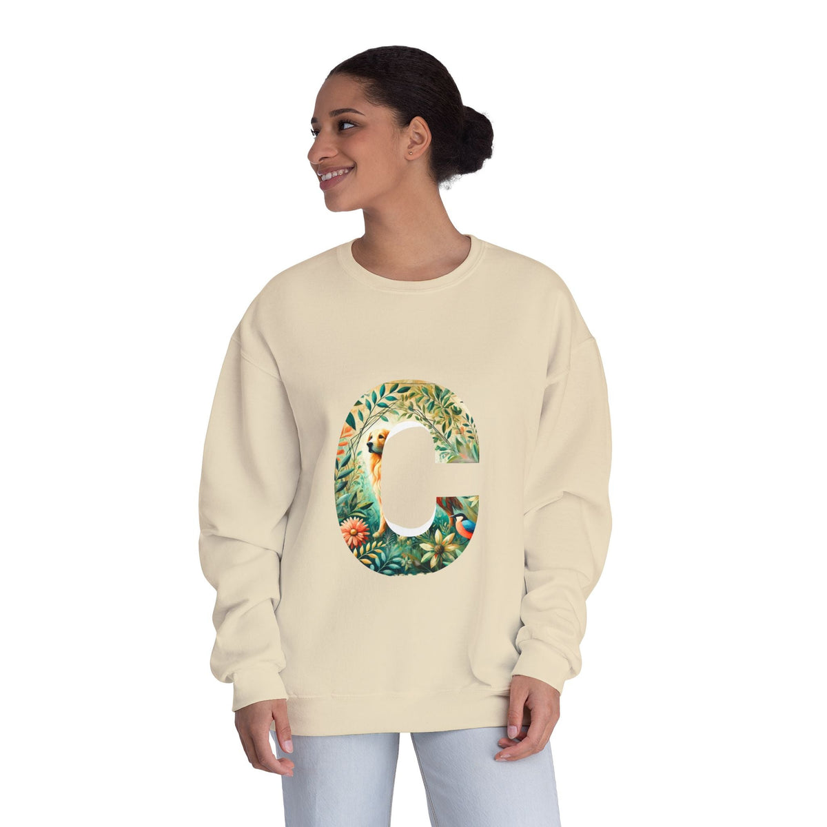 Unisex Crewneck Sweatshirt, Floral Animal Letter C Design - InervoX