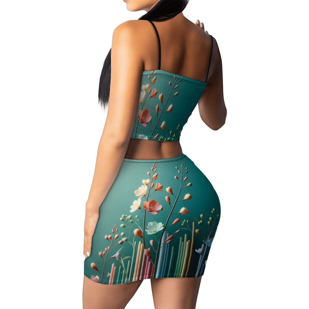 Women's Crop Tank Top Mini Skirts Sets Flower - InervoX