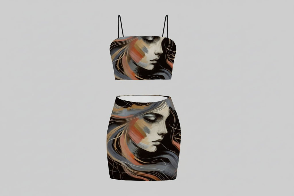 Women’s Two-Piece Set – Crop Top & Skirt | Artistic Statement Outfit - InervoX